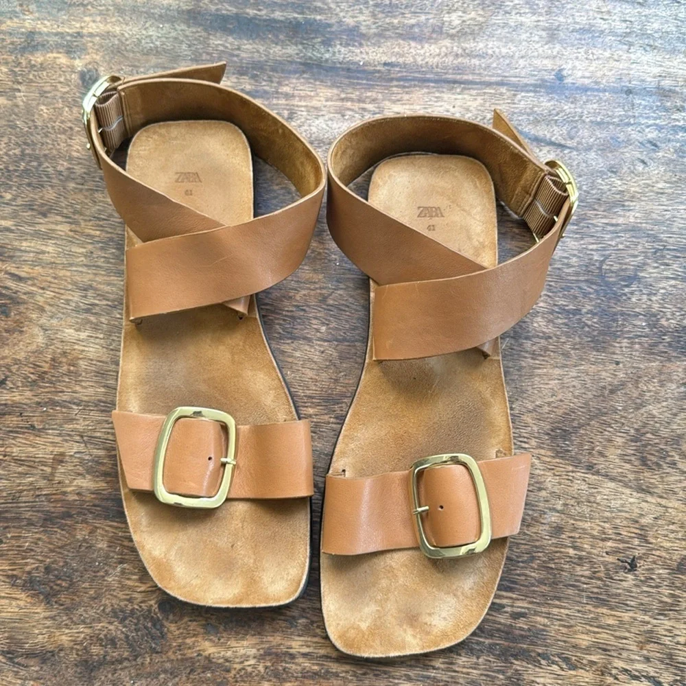 Zara leather sandals brown Strappy buckle size 41 - Picture 3 of 9